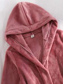 Girls' Home Clothes Kids Plush Tie-Front Robe, Autumn/Winter Hooded Bathrobe, Fleece Lined, Long Sleeve Solid Color With Pockets, Soft Comfortable Cute Pajamas - Coral Pink - View 4