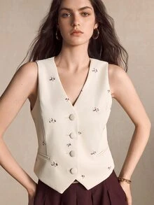 BizChic Women's Embroidered Button Thin Blazer Vest - White - View 7