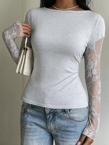 SHEIN EZwear 女款甜美蕾絲拼接收腰T恤 - 淺灰色 - 查看 3