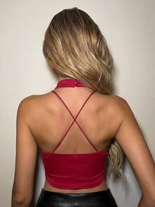 SHEIN ICON 挖空前襟掛脖黑色束腰上衣，性感夏季夜店外訪穿搭 - 紅色 - 查看 2