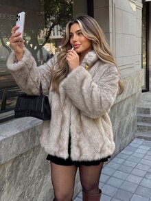 Vionelle Plus Size Elegant Button Faux Fur Long Sleeve Jacket Winter - Beige - View 4