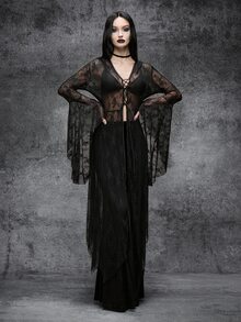 Cryptelle Women's Lace Mesh Hooded Strap Tie Front Batwing Sleeve Long Dress Autumn/Winter Black Gothic Witch Halloween Outfit Costume Party Night - Black - View 6