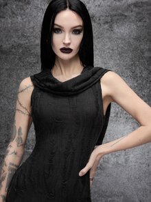 Cryptelle Women's Side-Slit Hooded Textured Distressed Knit Long Dress With Sleeves Autumn/Winter Black Gothic Style , Halloween Party Outfit Costume - Black - View 3