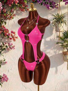 Amplova Women's Sexy One-Piece Cutout Bodycon Swimsuit, Fuchsia Rhinestone Embellished, Suitable For Autumn/Winter Party And Summer Beach Wear, Sexy Avant-Garde Hollow Design - Hot Pink - View 3