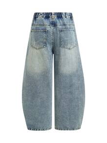 2026NewTween Boys All-Season American Vintage Personalized Frayed Hem High Street Embroidered Washed Soft Denim Loose Curved Leg Pants Versatile Daily - Medium Wash - View 2