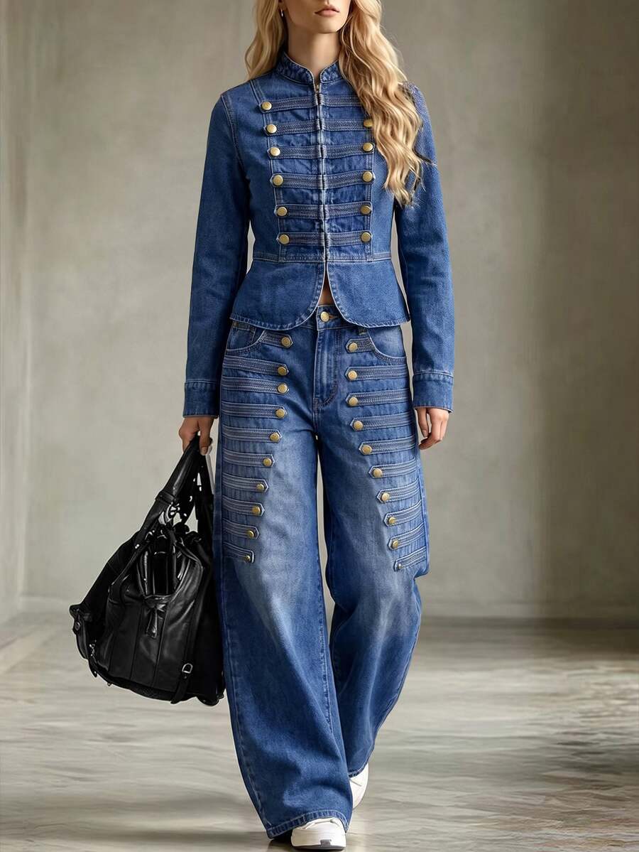 StreetHx Women's Double-Breasted Long Sleeve Jacket And Pants Casual Daily Denim Set - Blue - View 1