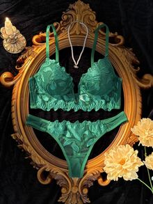 SHEIN 2件組法式經典黑色V領內衣套裝 - 綠色 - 查看 1