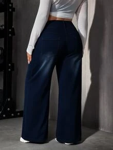 Flexra Celana Jeans Denim Hitam Stretch Model Lurus Longgar Ukuran Plus untuk Wanita - Dark Wash - View 2