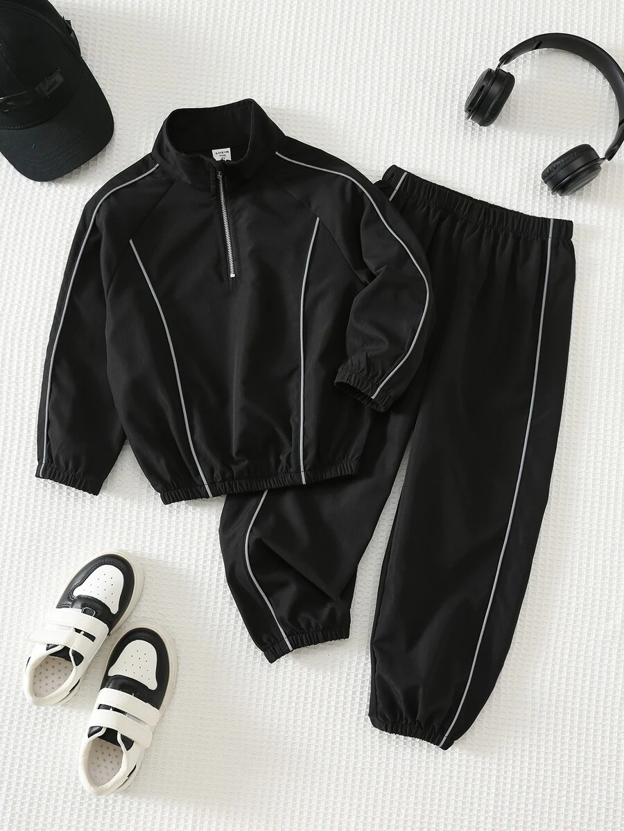 SHEIN Tween Boy Colorblock Long Kids Sleeve Jacket And Pants Casual Everyday Outfit - Black - View 1