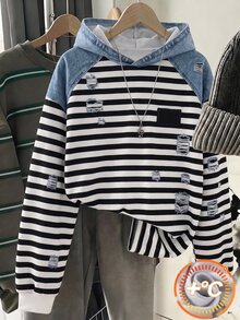SHEIN 青少年女孩秋季黑白配色連帽衛衣 扇形飾邊 寬鬆版型 落肩長袖套頭衫 六年級畢業 大學風 可愛 - 白色 - 查看 1