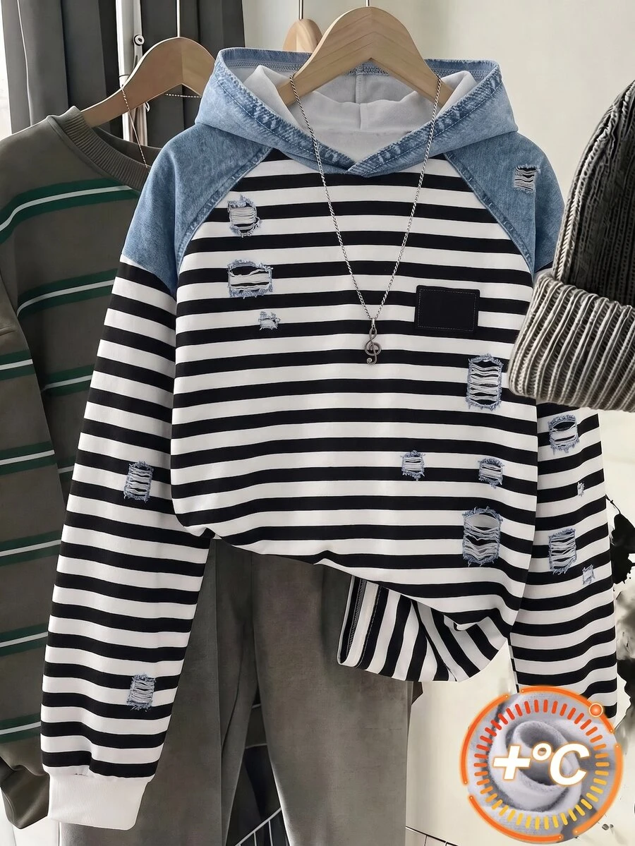 SHEIN 青少年女孩秋季黑白配色連帽衛衣 扇形飾邊 寬鬆版型 落肩長袖套頭衫 六年級畢業 大學風 可愛 - 白色 - 查看 1