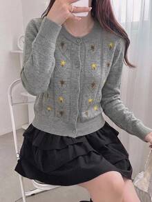 DAZY 女款刺繡圖案修身圓領長袖休閒度假復古春秋針織開襟衫 - 灰色 - 查看 6