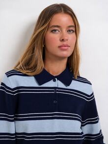 Nöista Knitted Casual Polo Collar Striped Shirt - Blue - View 5