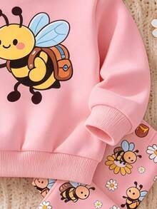 女嬰休閒可愛蜜蜂圖案、花卉田園風、粉紅色、圓領長袖衛衣與內搭褲2件套，適合秋冬，Y2K，秋季新款，Kawaii，舒適秋冬風格 - 彩色 - 查看 5