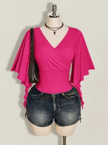 SHEIN ICON 女款大尺碼黑色夏季哥德風性感夜店約會派對夜店 T-shirt，復古優雅 V 領荷葉袖修身 Y2K 風格 - 玫紅色 - 查看 9