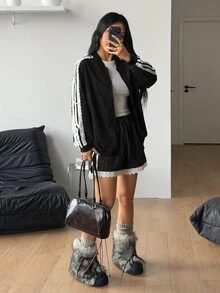 Coolane 女款秋冬街頭風休閒運動基本日常外穿黑色寬鬆長袖棒球夾克，蕾絲蝴蝶結飾邊紋理裝飾 - 黑色 - 查看 6