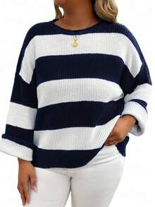 EMERY ROSE Plus Size Women Spring And Autumn Loose Round Neck Drop-Shoulder Long Sleeve Striped Casual Pullover Sweater, Winter Knit Pullover Fall - Royal Blue - View 1