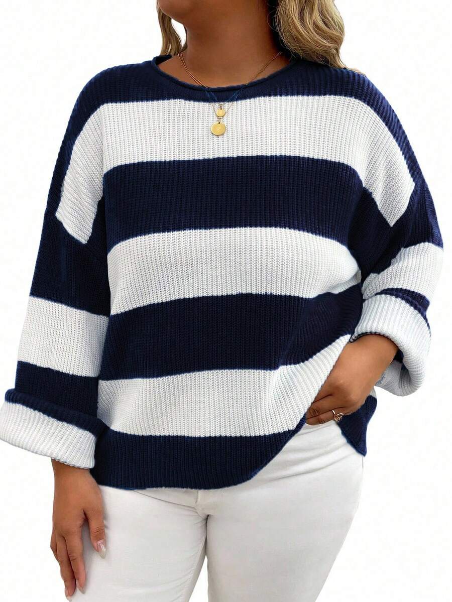 EMERY ROSE Plus Size Women Spring And Autumn Loose Round Neck Drop-Shoulder Long Sleeve Striped Casual Pullover Sweater, Winter Knit Pullover Fall - Royal Blue - View 1