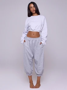 MUSERA ESSENTIALS Grey Jersey Cropped Cinched Waist Sweatshirt Autumn Winter Fall Casual Loungewear Everyday - Light Grey - View 2