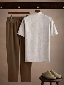 Core Aspect Men's 2 Pieces Set, Textured Short Sleeve Shirt With Stand Collar + Brown Drawstring Long Pants, Straight Leg Casual Business Suit - Multicolor - View 2