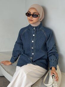 DAZY Women's Raglan Sleeve Single-Breasted Casual Denim Jacket - Blue - View 6