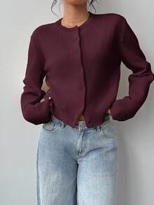 SHEIN Tall CURVE 大尺碼休閒柔軟修身常規版純色圓領長袖寬鬆短版女款軟黃色針織開襟衫 秋冬春季辦公通勤 - 乾枯玫瑰色 - 查看 3