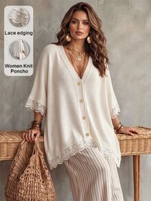 Linhara CURVE Plus Size Women Solid Color Knit Shawl Cardigan V-Neck Metal Button Suitable For Daily Casual Traditional Office Semi Formal Vacation Autumn Beige - White - View 3