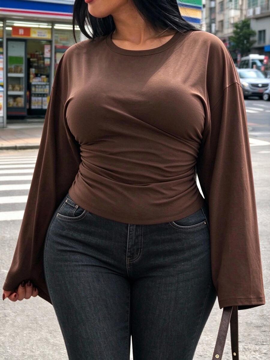 INAWLY Plus Size Women's Solid Color Round Neck Dropped Shoulder Long Sleeve Ruched T-Shirt - Coffee Brown - View 1