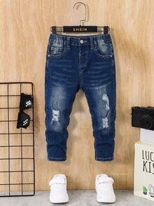 SHEIN 小男孩鈕扣口袋兒童磨損牛仔長褲，適合戶外旅行 - 中等水洗藍 - 查看 1