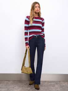 Nöista Women's Striped Crew Neck Button Design Casual Sweater - Baby Blue - View 4