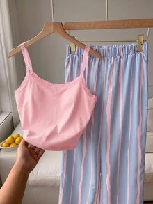 Comfortcana Plus Size Casual Home Lace Patchwork Tank Top And Striped Long Pants 2 Pieces Set - Pink - View 6