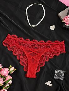 SHEIN 女款性感睫毛蕾絲網紗三角內褲 - 紅色 - 查看 2