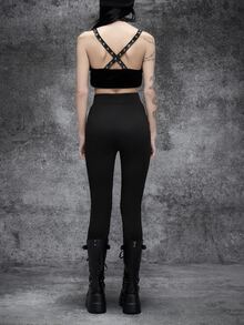 Cryptelle Autumn/Winter Black Gothic Fishnet & PU Patchwork Long Pants Halloween Outfit,Night Out - Black - View 7