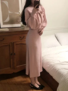 DAZY Women's Bowknot Korean Style Long Sleeve Autumn/Winter Sweater 2 Pieces Set - Baby Pink - View 2