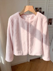 SHEIN 青少年女孩極簡風人造毛皮外套，適合派對與戶外穿著，秋冬款 - 淺粉色 - 查看 3