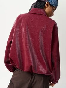 Bohemela Women's Solid Color PU Leather Drop Shoulder Long Sleeve Zipper Front Casual Regular Fit Jacket - Burgundy - View 7