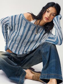 Bohemela Vintage Mixed Wool Off-Shoulder Loose Cable Knit Pullover - Blue and White - View 1