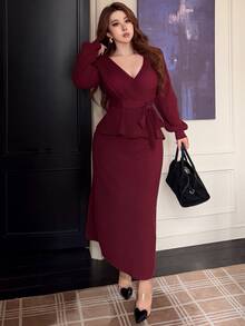 Dazy Plus Autumn/Winter New Elegant Solid Color V-Neck Tie-Front Bodycon Wrap Skirt, New Year Red 2 Pieces Set - Burgundy - View 6