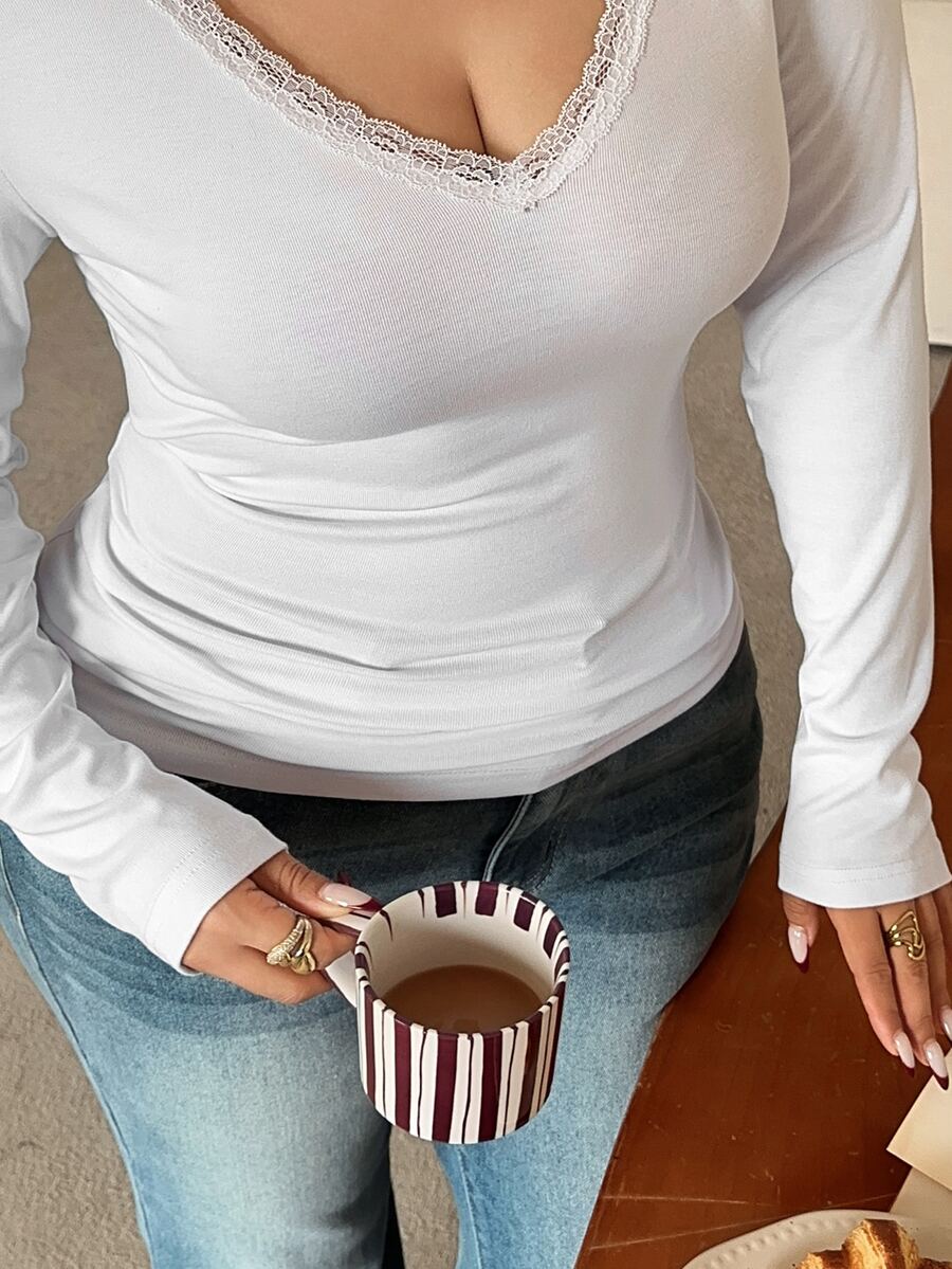 Livesso Contrast Lace V-Neck Simple Fitted Long Sleeve T-Shirt - Beige - View 1