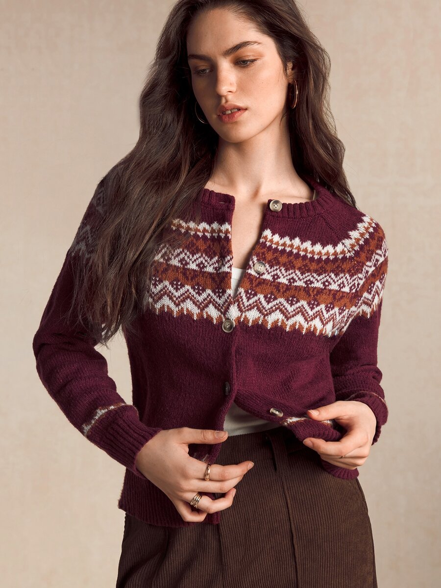 BizChic Women's Geometric Pattern Long Sleeve Single-Breasted Knit Cardigan - Red Violet - View 1
