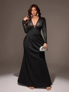 Viva Relle Plus Size Women's Patchwork Sequin Mermaid Hem Party Dress - Black - View 4
