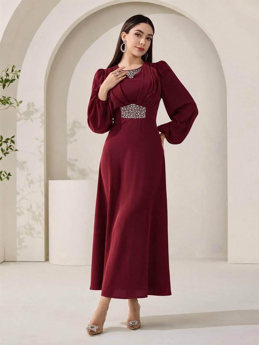 Veilorie Đầm dự tiệc sang trọng mới đính đá rhinestone, eo nhún, phong cách thanh lịch