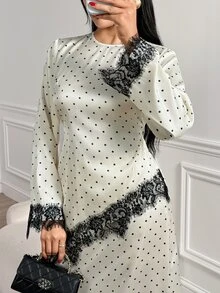 Veilorie Women's Polka Dot Pattern Contrast Lace Asymmetrical Hem Top And Skirt Arabic Costume Set - Apricot - View 6
