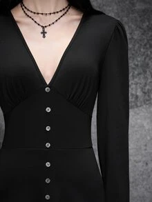 Cryptelle Women's Asymmetrical Hem V-Neck Button Dress Autumn/Winter Black Gothic Style Halloween Party Outfit - Black - View 5