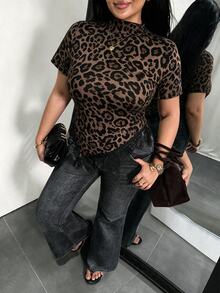 Firerie 大尺碼女款豹紋立領短袖不對稱下擺T恤 - 彩色 - 查看 7