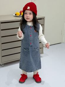 Dazy Kids Infant/Toddler (Girl) Casual Round Neck Sleeveless Korean Style Washed Denim Dress - Blue - View 3