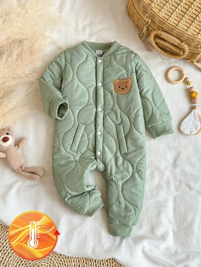 SHEIN Vintaside Kids Baby Boy Quilted Romper With Cute Bear Applique, Baseball Collar, Snap Button Design, Pockets, 1-24 Months, Thickened Fashionable Outwear