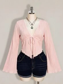 SHEIN ICON 女款大尺碼黑色秋季波希米亞風夜店復古Y2K針織前領結喇叭長袖不對稱下擺上衣 - 粉色 - 查看 8