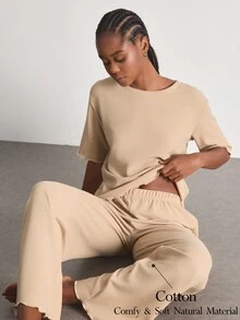Ocili Minimalist Comfortable Casual Easy-To-Care-For Trim Short Sleeve Long Pants Pajama Set Soft Women's Loungewear Set - Khaki - View 1