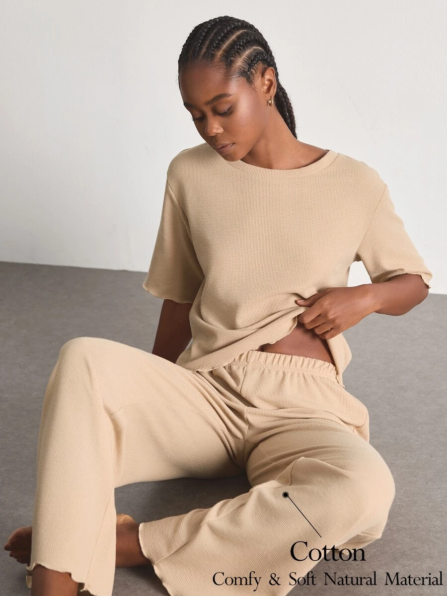 Ocili Minimalist Comfortable Casual Easy-To-Care-For Trim Short Sleeve Long Pants Pajama Set Soft Women's Loungewear Set - Khaki - View 1